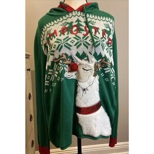 Women's Ugly Christmas Sweater IMPOSTER LLAMA Size XL Green White Knit Hoodie
